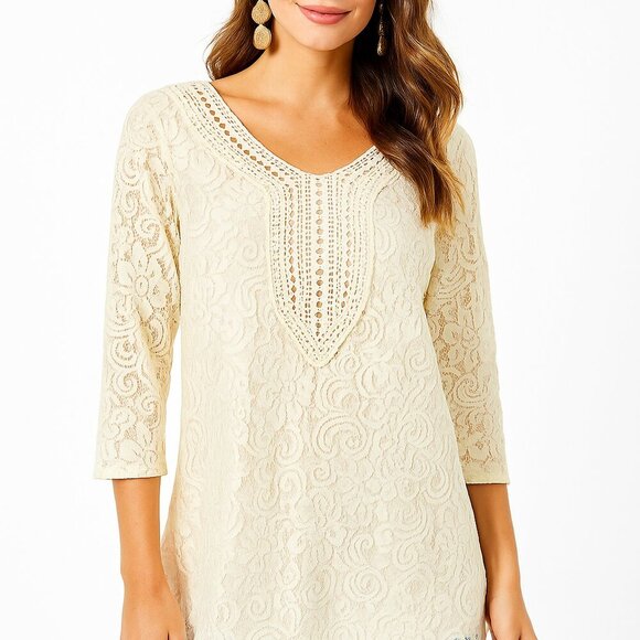 Lauren Michelle Lace Blouse Large Ivory Lined Sharkbite Hem Boho Peasant Top - Picture 1 of 6